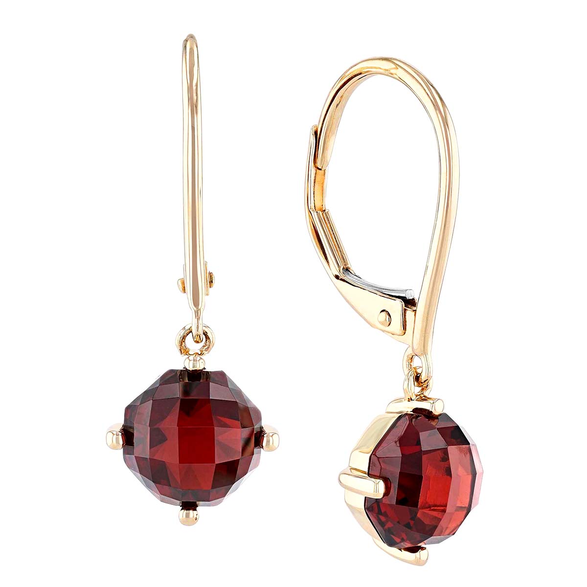 Checkerboard Garnet Leverback Drop Earrings in Yellow Gold